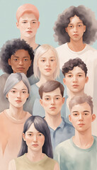 Fototapeta premium A diverse group of people. Watercolor painting featuring young people with a creative and inclusive design, set against a white background.