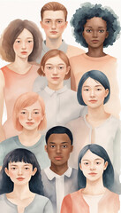 A diverse group of people. Watercolor painting featuring young people with a creative and inclusive design, set against a white background.