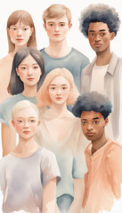 Obraz premium A diverse group of people. Watercolor painting featuring young people with a creative and inclusive design, set against a white background.