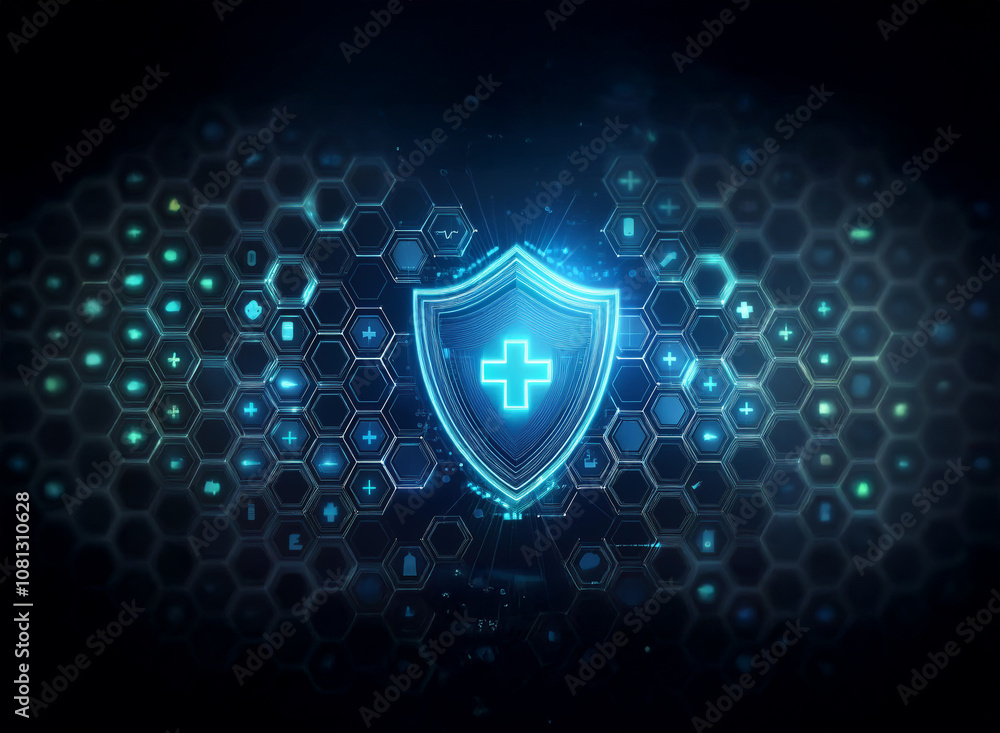 Aufkleber a glowing blue shield with a cross inside is set against a dark background of hexagonal patterns.