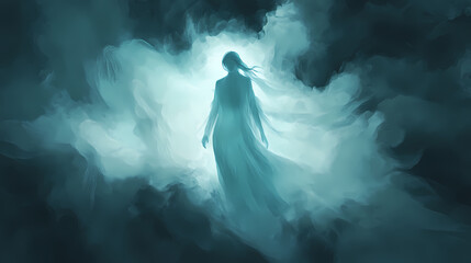 Ghostly apparition of a woman emerging from swirling mist ethereal and mysterious with soft glowing edges and translucent features. Phantasm. Illustration