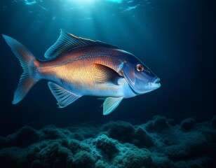 deep sea fish glows in darkness light underwater in sea concept of dark ocean nature wildlife