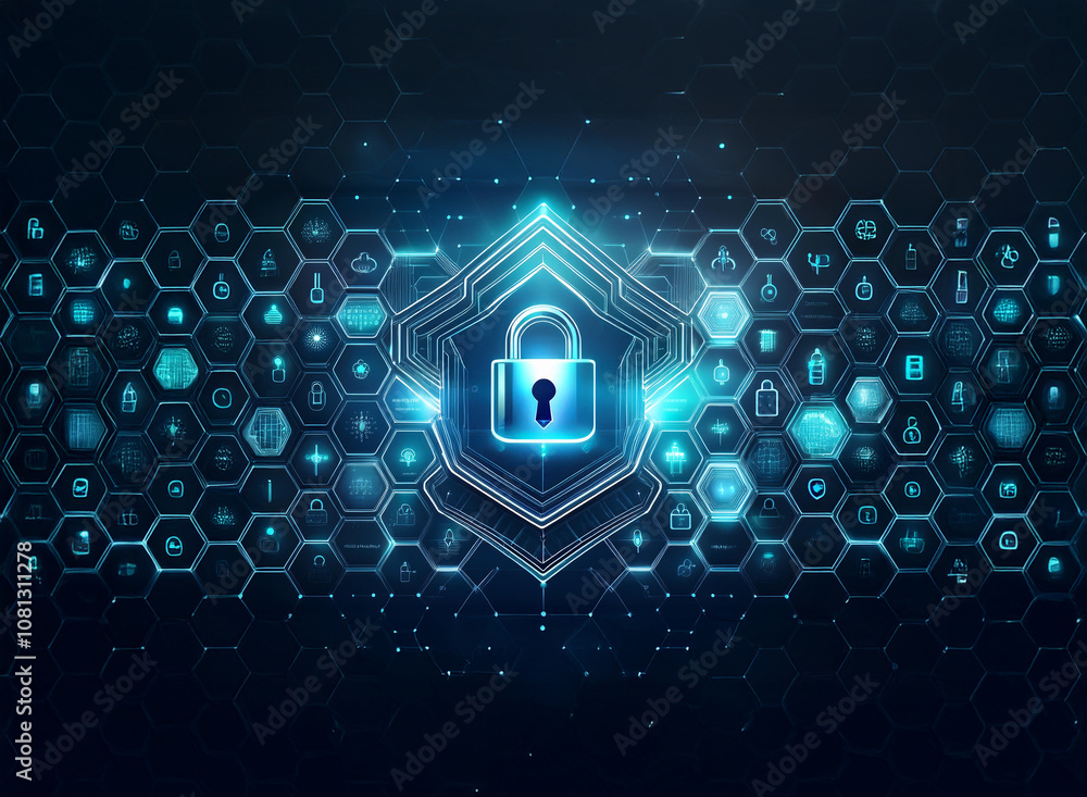 Poster a glowing blue padlock sits within a hexagonal grid of digital icons, symbolizing data security and 