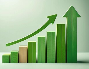 green wooden rising bar graph with an upward arrow on white growth or progress business finance