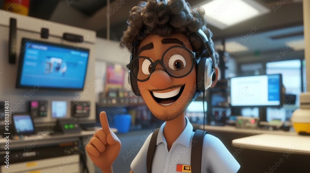 Poster cheerful animated character in a tech environment.
