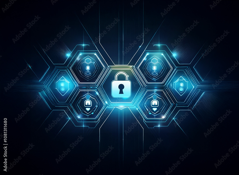 Poster a glowing blue padlock is surrounded by hexagonal panels in a digital grid representing data securit