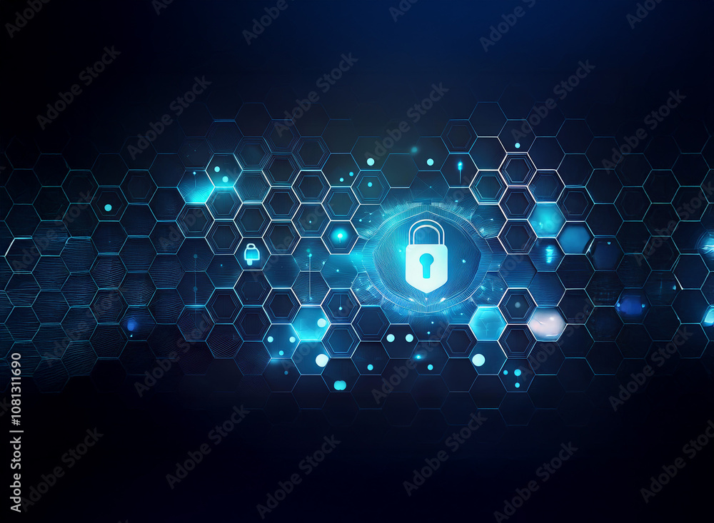 Poster a glowing blue eye with a lock inside, set against a dark background with a hexagonal pattern.
