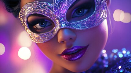 Beautiful mysterious women wearing fancy sparkling dresses and carnival masks posing against a vibrant purple and silver background festive celebration atmosphere