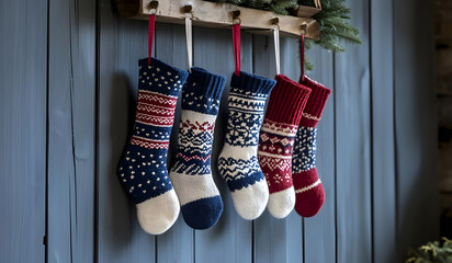 Cozy Christmas Stockings Hanging on Wooden Wall Decor. This cozy decoration is perfect for bringing seasonal cheer to any home.