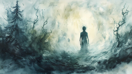 Ghostly figure emerging from the mist - surreal watercolor painting. Phantasm. Illustration