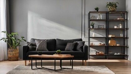 interior of stylish living room with black sofa coffee table chest of drawers and shelving unit