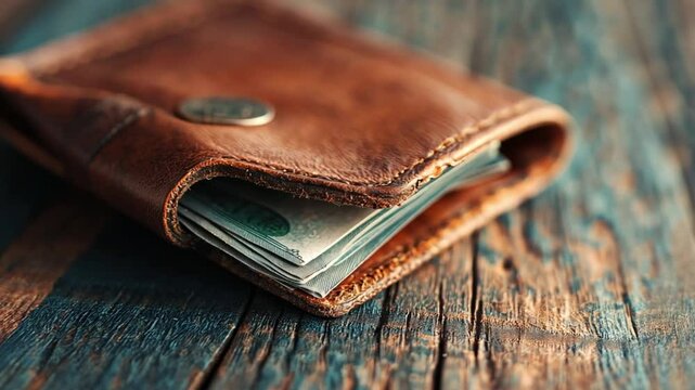 Brown leather wallet with money on wooden surface, concept of wealth and finance.