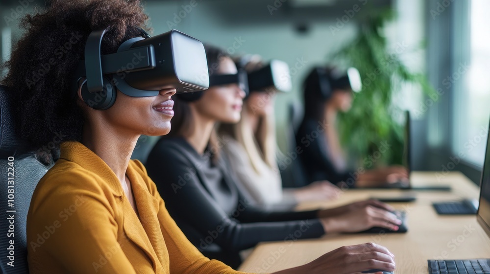 Poster group of individuals using virtual reality headsets.