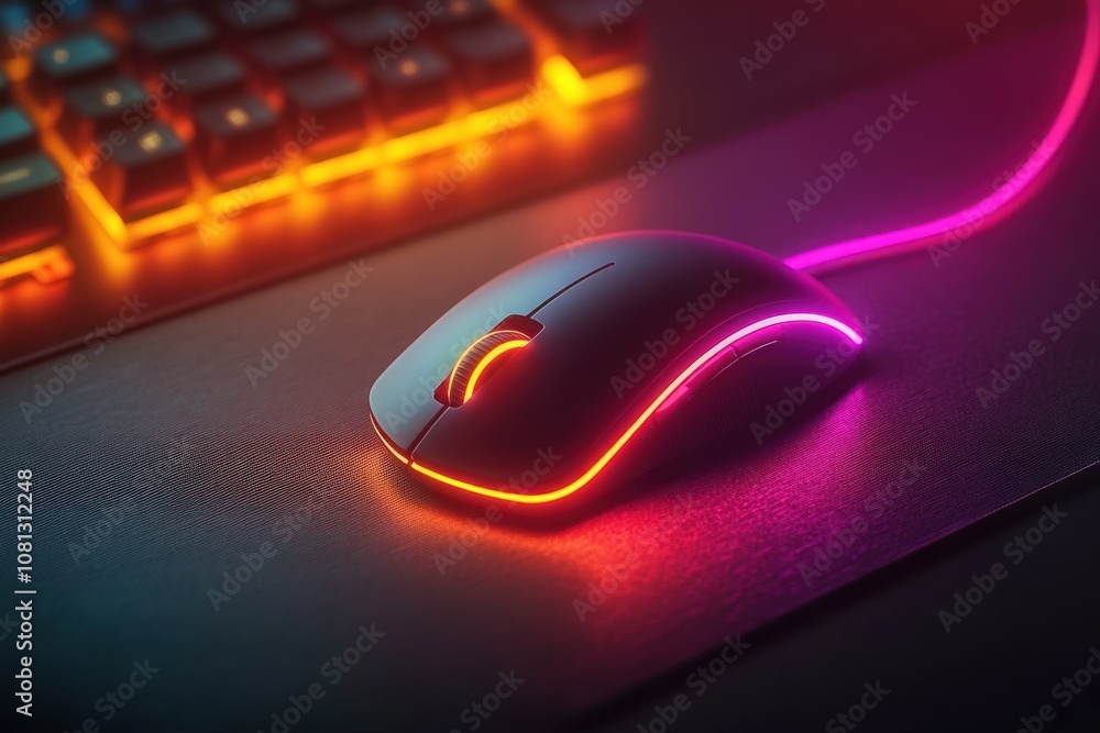 Aufkleber close-up of a gaming mouse with a colorful neon glow on a mousepad, with a keyboard in the backgroun