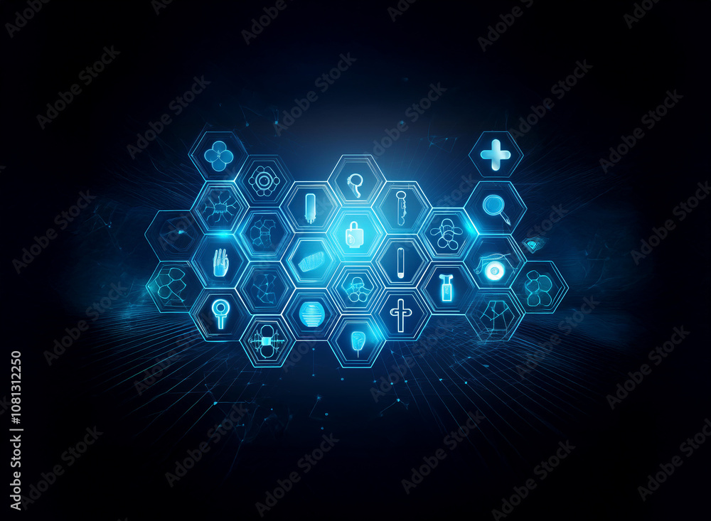 Poster a futuristic honeycomb pattern with glowing blue icons, representing different ideas and concepts.