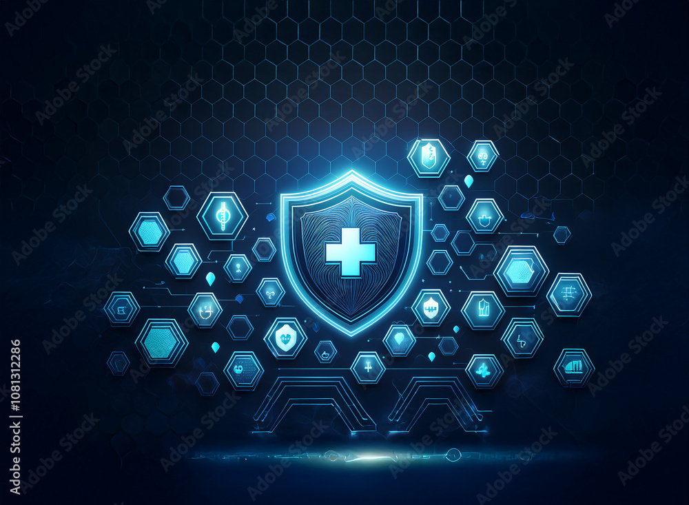 Poster a glowing shield with a cross is surrounded by hexagonal icons, symbolizing security and protection.