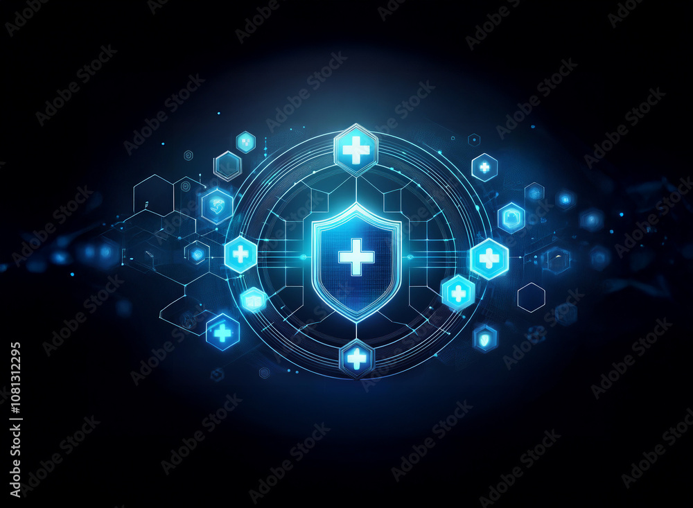 Poster a glowing blue shield with a cross inside is surrounded by digital hexagonal patterns.