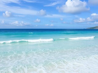 Scenic view of a stunning beach landscape with turquoise waters and golden sands, sky, beauty