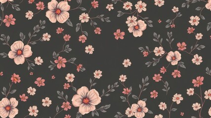 Fototapeta premium Seamless charcoal small floral elements wallpaper with delicate blooms and foliage, small, wallpaper, blooms