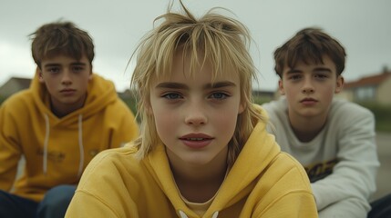 Three teenagers sit closely together on a coastal stretch, wearing vibrant hoodies. The girl in the center smiles warmly, surrounded by her friends against a gray sky, embodying youthful camaraderie