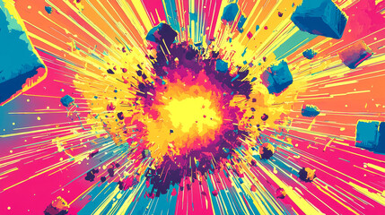 Abstract explosion of bright colors with geometric shapes.
