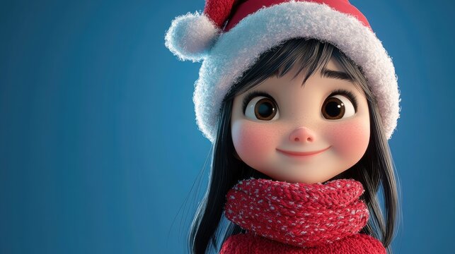 Cheerful little girl in a Christmas hat and red scarf posing joyfully against a blue background