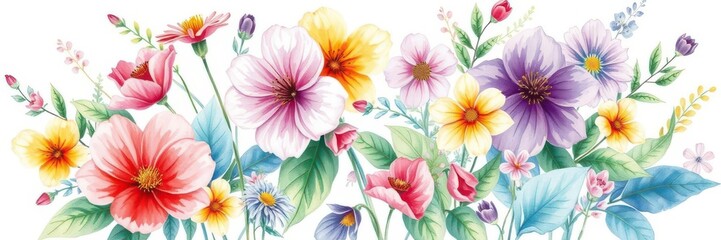 Soft and delicate watercolor illustration of colorful flowers on white background, vibrant, pastel