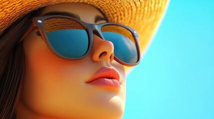 Elegant young woman in a straw hat and sunglasses deep in thought about her summer vacation isolated on a vibrant blue background