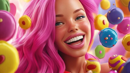 Fototapeta premium Glamorous woman with pink hair enjoying a delightful assortment of colorful sweets celebrating a vibrant lifestyle