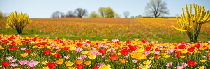 Fototapeta premium Vibrant daffodil flowers blooming in a sunlit field, with trees in the background, floral, fresh