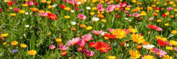 Vibrant daffodil flowers blooming in a vast field under clear blue skies, vibrant, meadow
