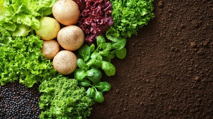 A colorful array of fresh organic vegetables, including various lettuces and potatoes, is set against dark, fertile soil, showcasing the beauty of local gardening
