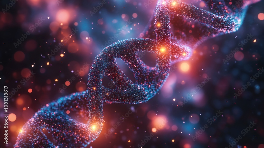 Poster a 3d rendering of a dna double helix with glowing particles in a dark background.