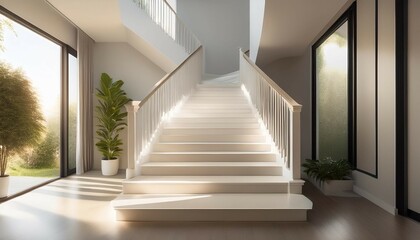 Fototapeta premium the staircase features smooth white st paired with gentle lighting creating a serene atmosphere in a contemporary interior banner
