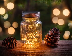 upcycled glass jar lantern with christmas lights and pine cones glowing on rustic wood with bokeh background