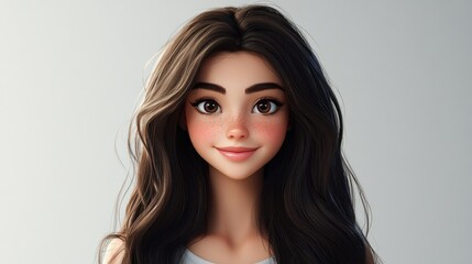Fototapeta premium Beauty fashion portrait of a smiling young woman with long dark brown hair against a clean white background elegant style portrait photography