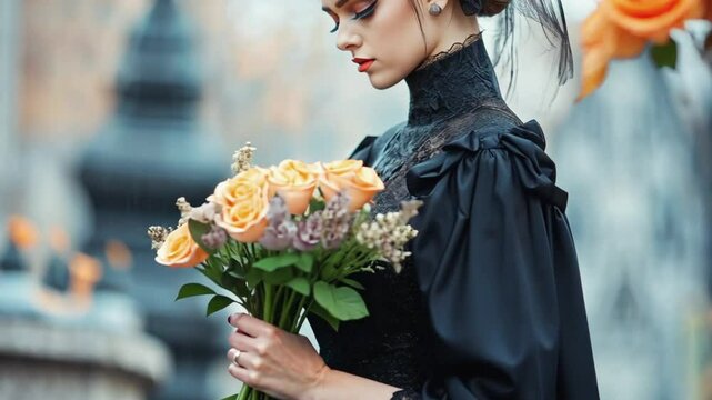 woman holding flowers at cemetery, evoking remembrance and solitude