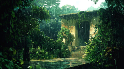 An abandoned stone building with a wooden door surrounded by overgrown vegetation in a tropical rainforest during a heavy rainstorm.