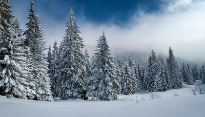 Fototapeta premium winter landscape with snow covered tall evergreen trees