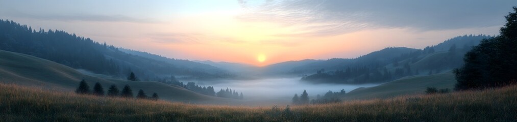 Obraz premium Serene sunrise over misty hills, creating a tranquil landscape scene.