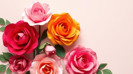 Backdrop of colorful paper roses in various shades of pink, red, and orange, roses, bloom, creative
