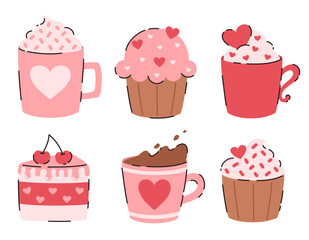 Set of sweets and cups of hot chocolate. Flat vector illustration.