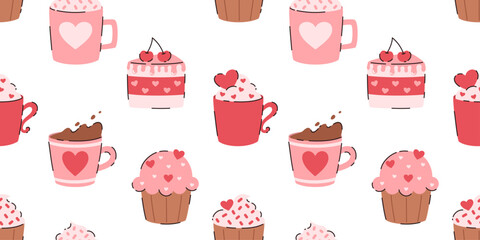 Seamless pattern with the image of sweets and cups of hot chocolate. Flat vector illustration.
