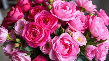 Fototapeta premium Beautiful and vibrant fresh pink peonies and roses arranged in a bunch with copy space, copy space, vibrant, roses