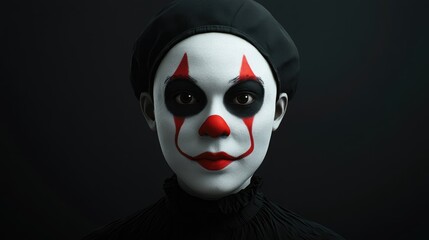 Portrait of a mime artist with striking white face make up against a black background artistic expression