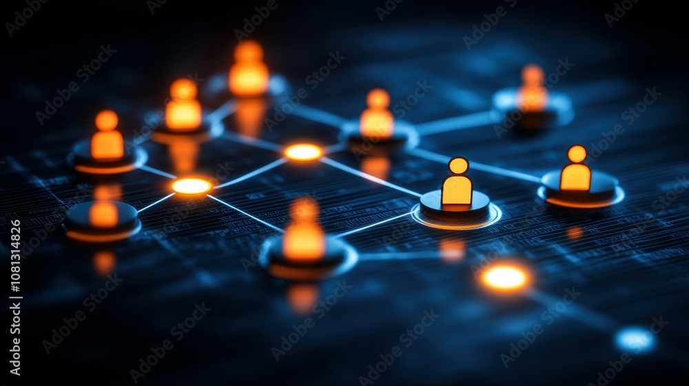 Poster a digital network showcases glowing nodes connected by lines, representing users within a modern, te
