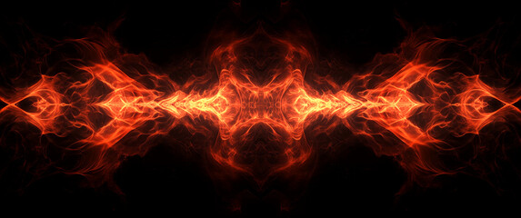 Fototapeta premium An orange and red fire, mirrored and repeating, appears to dance across a black background