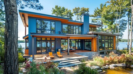 A modern lakeside house surrounded by trees, featuring large windows and a spacious deck.
