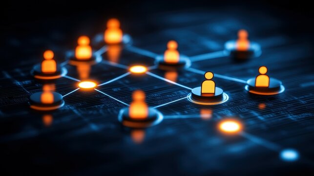 A digital network showcases glowing nodes connected by lines, representing users within a modern, tech-inspired landscape. The design emphasizes communication and connectivity