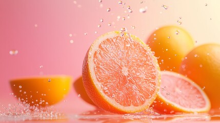 Sliced Grapefruit with Splashing Water Droplets on Pink Background